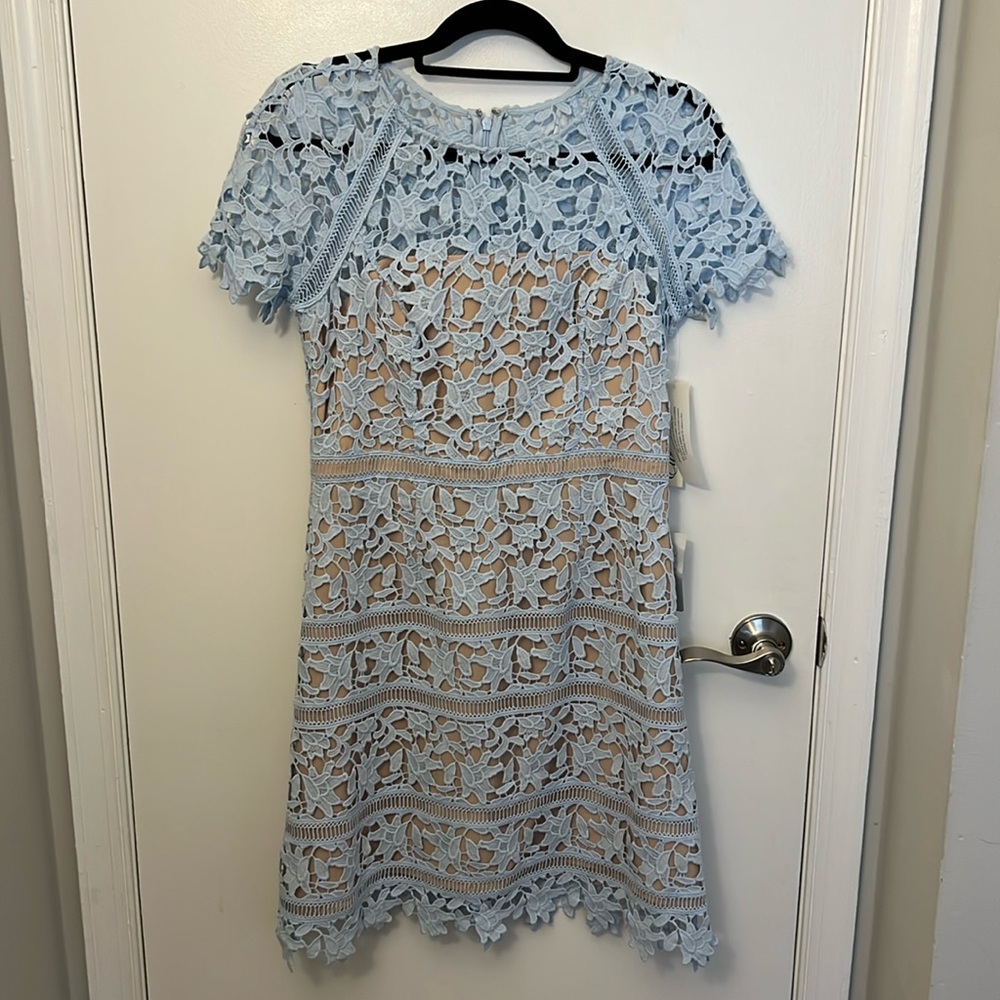NWT Eliza J Crochet Overlay Dress in Size 8 in color Blue